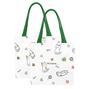 Canvas Tote Bags  - cats white with green handles (Set of 2)