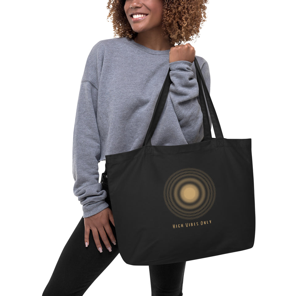 Large 100% Organic cotton Tote bag - Black with Gold circles "high vibes only"