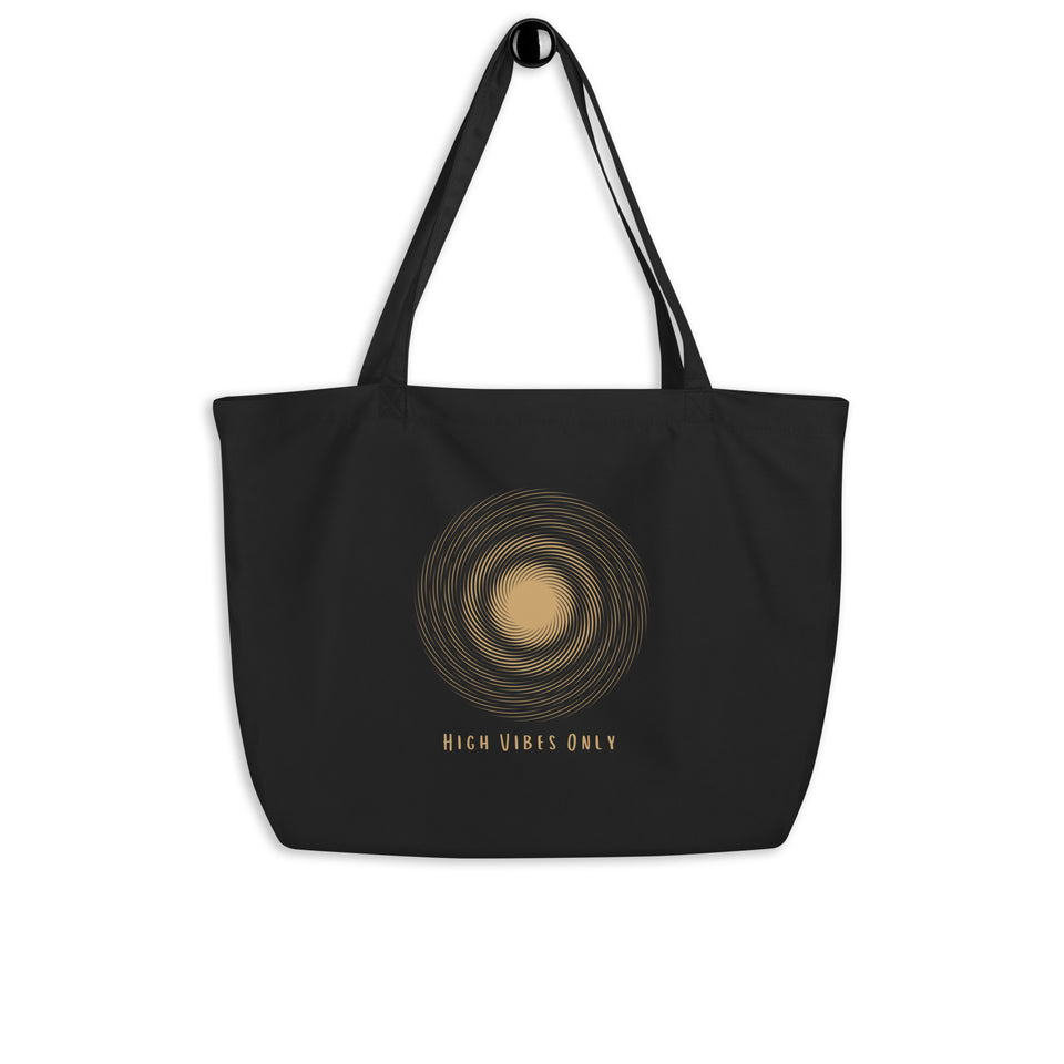 Large 100% Organic cotton Tote bag - Black with Gold circles "high vibes only"