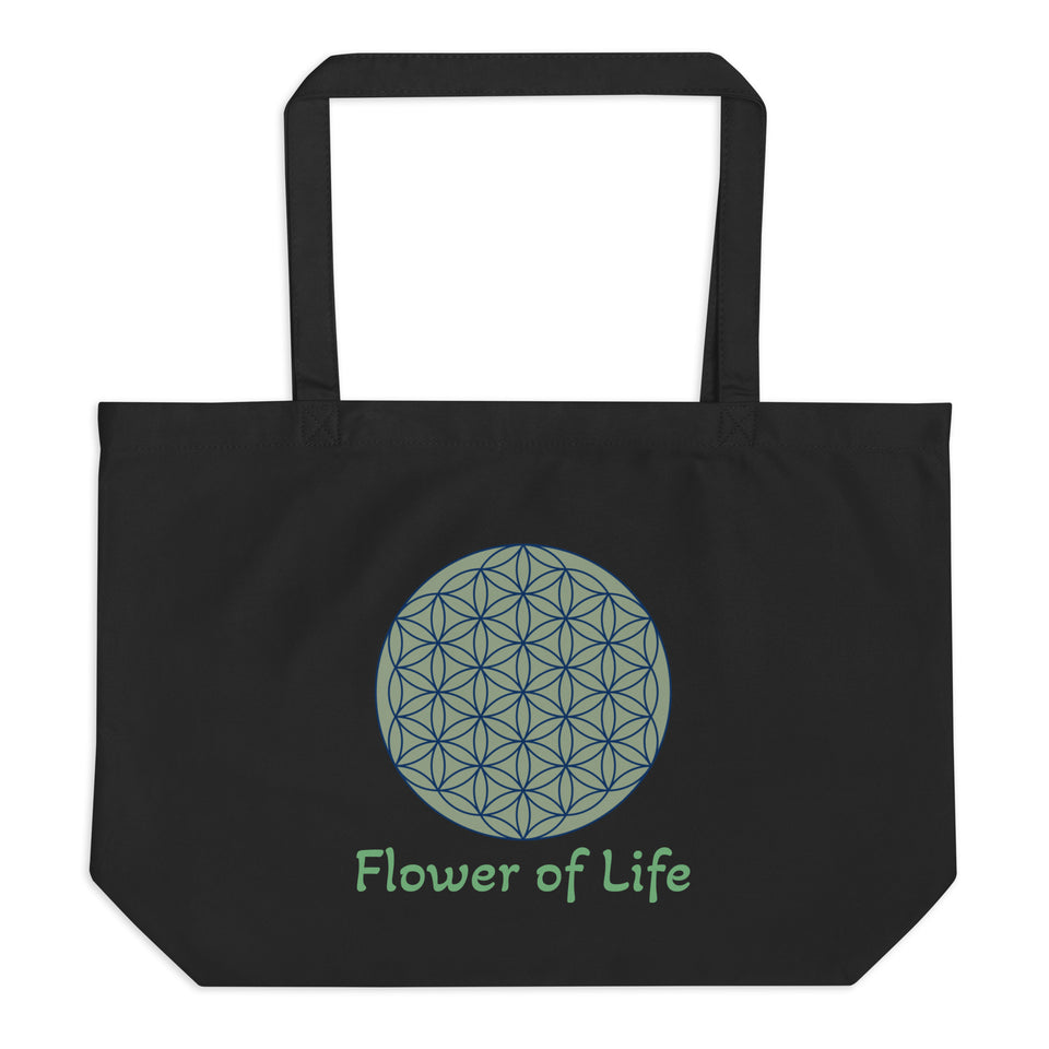 Large 100% Organic Cotton Tote bag - Flower of Life /black/oyster