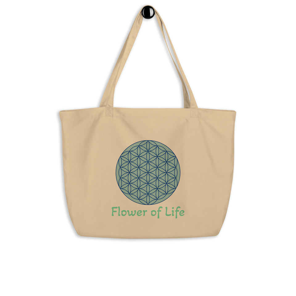 Large 100% Organic Cotton Tote bag - Flower of Life /black/oyster